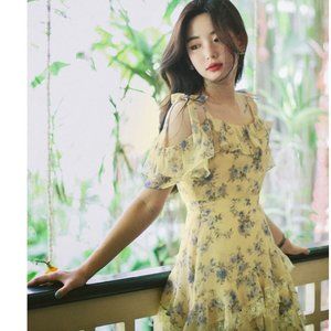 NEW Korean Floral Print Ruffled Chiffon Dress